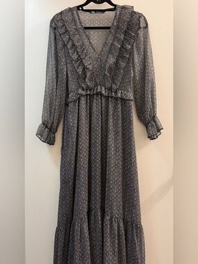 ZARA Boho Paisley Ruffle Maxi Dress Size S Blue Orange